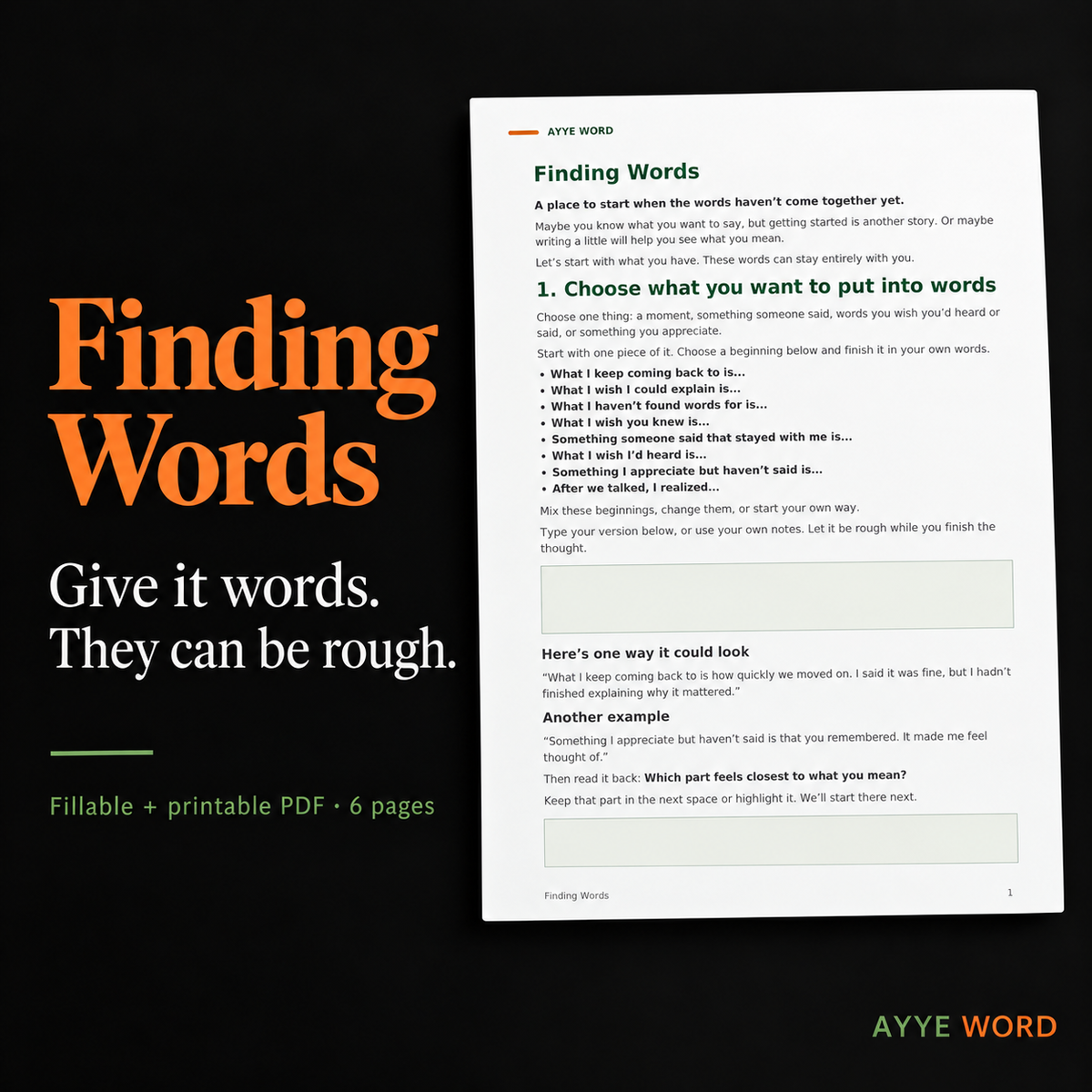 Finding Words by Ayye Word, a 6-page fillable and printable PDF worksheet, with a preview of its sentence starters and writing spaces.