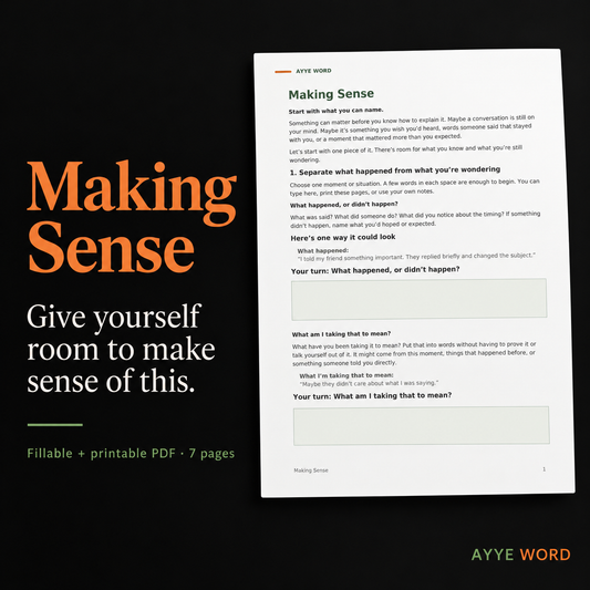 Making Sense by Ayye Word, a 7-page fillable and printable PDF worksheet, with a preview of its prompts and writing spaces.