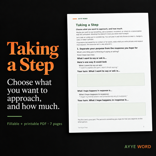 Taking a Step by Ayye Word, a 7-page fillable and printable PDF worksheet, with a preview of its purpose and hoped-for response prompts.